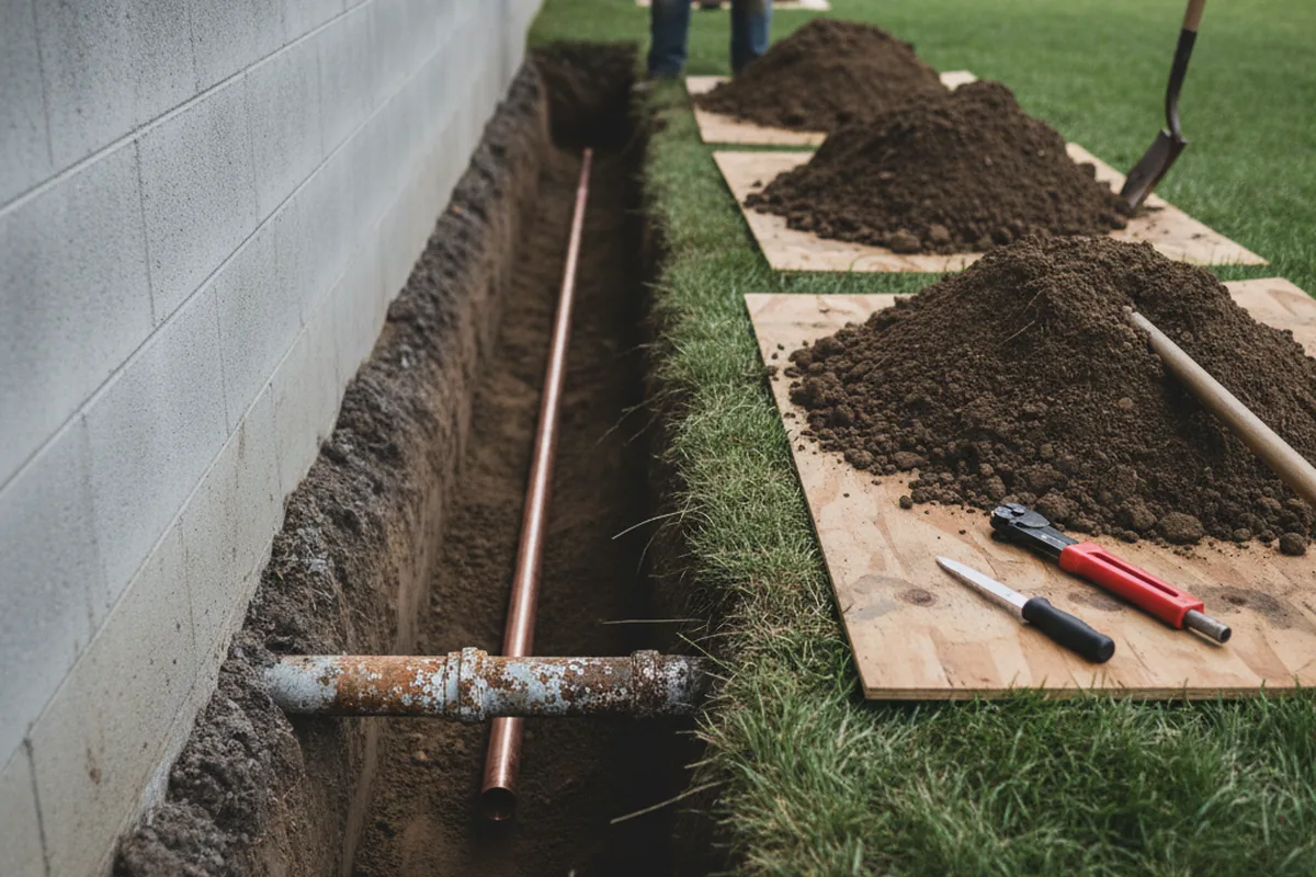 Excavated water line trench during Sewer Line Repair in Fleetwood